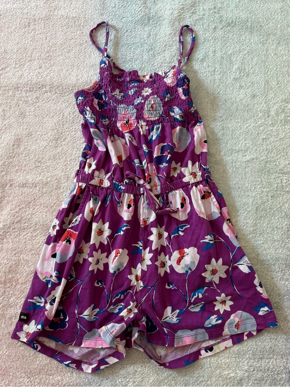 Tea Collection Purple Floral Smocked Strappy Romper - Size 8